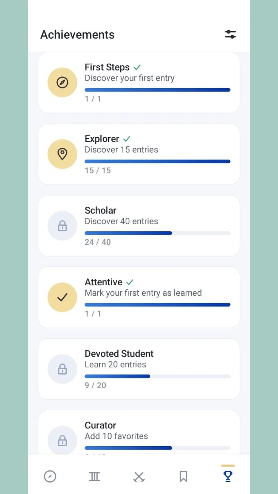 Achievements list