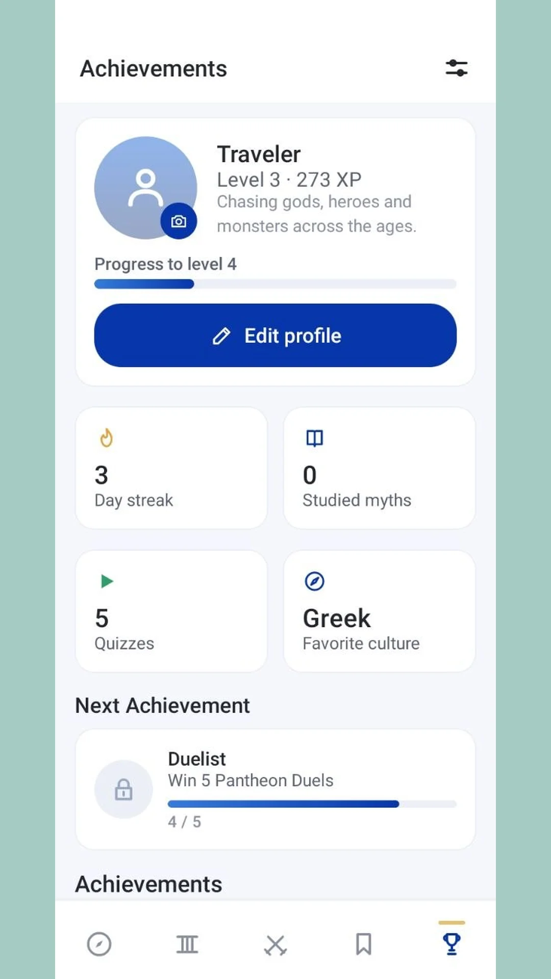 Player profile with level, XP, day streak and next achievement