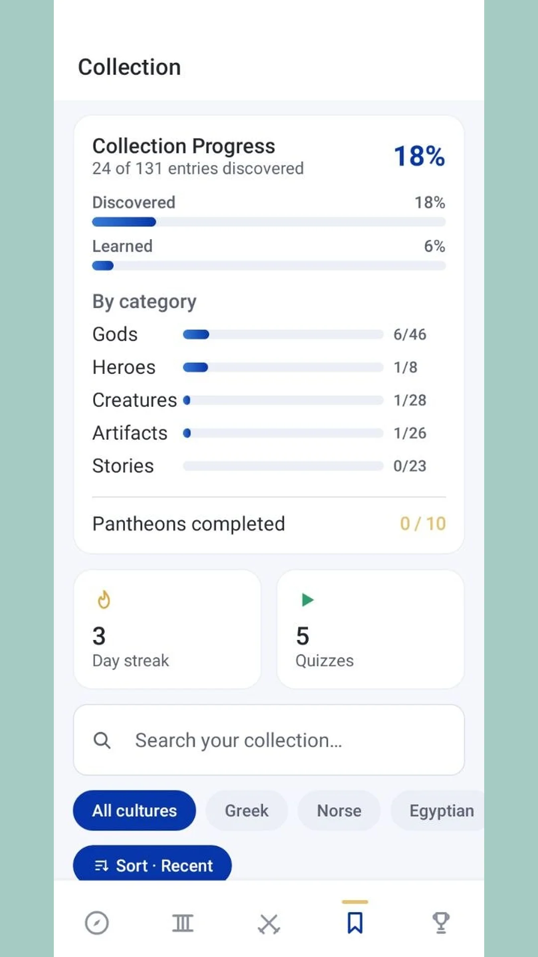 Collection progress screen with discovered and learned percentages by category