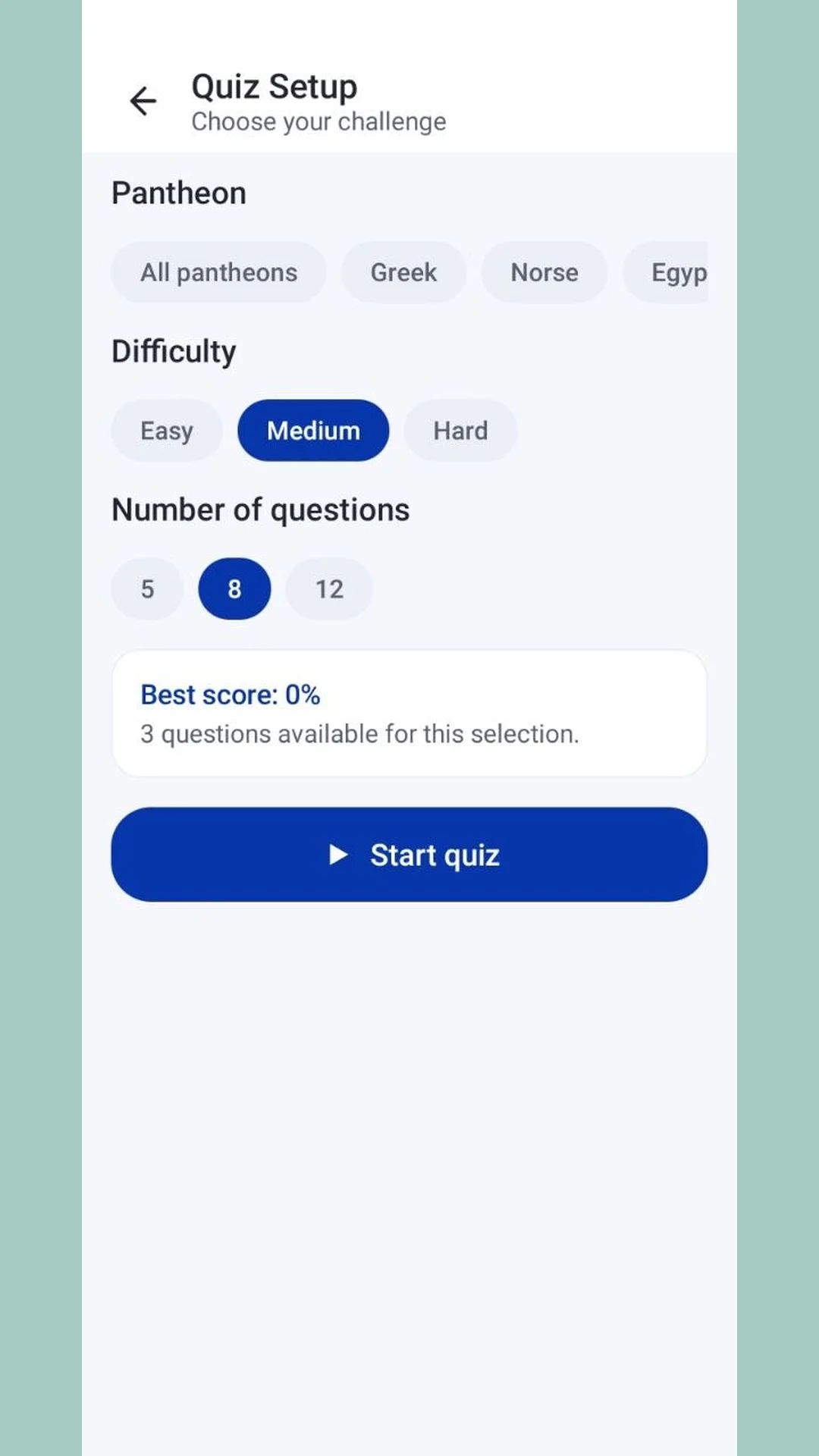 Quiz Setup screen choosing pantheon, difficulty and number of questions