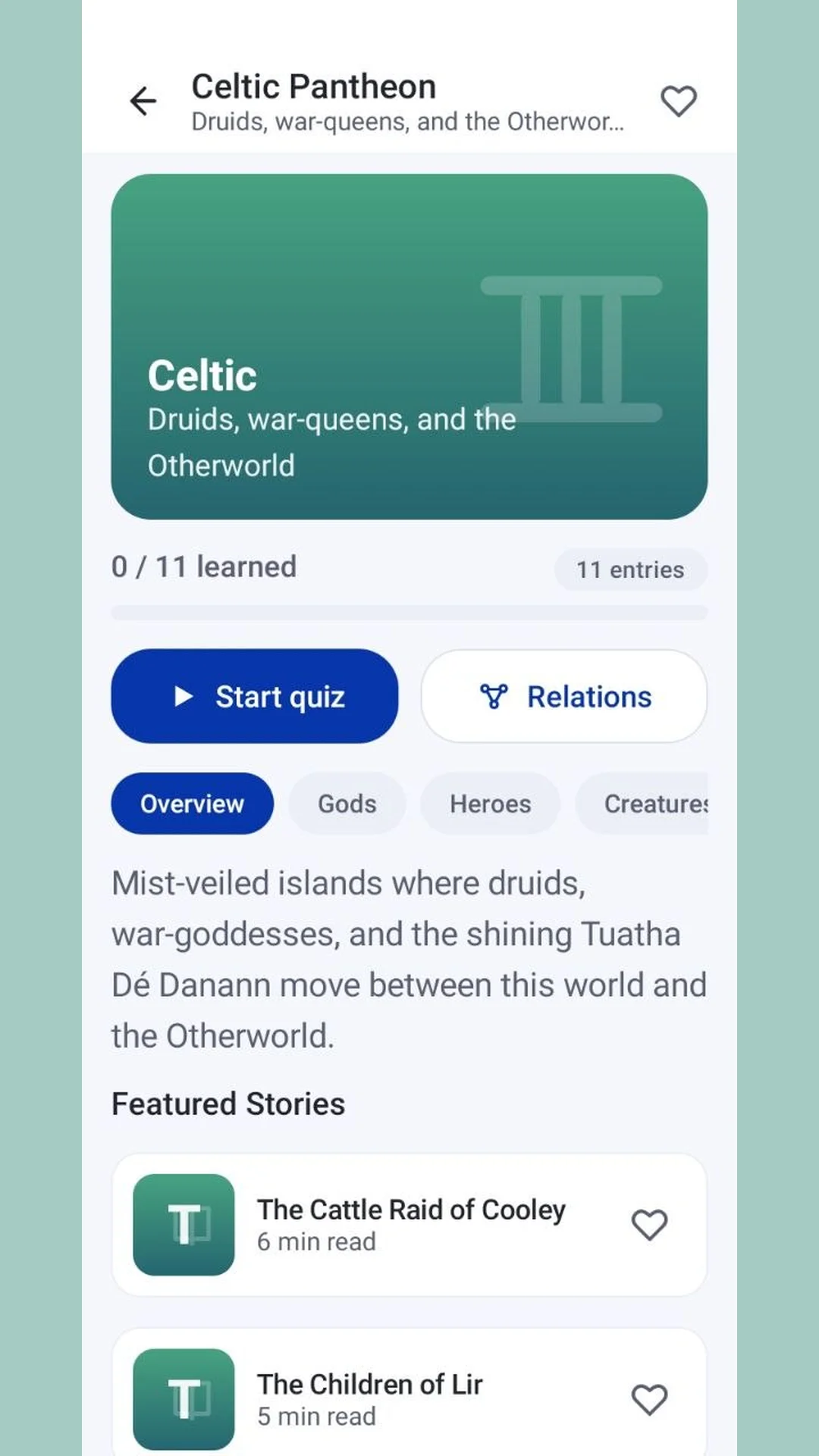 Celtic pantheon detail with overview, featured stories and a Start quiz button