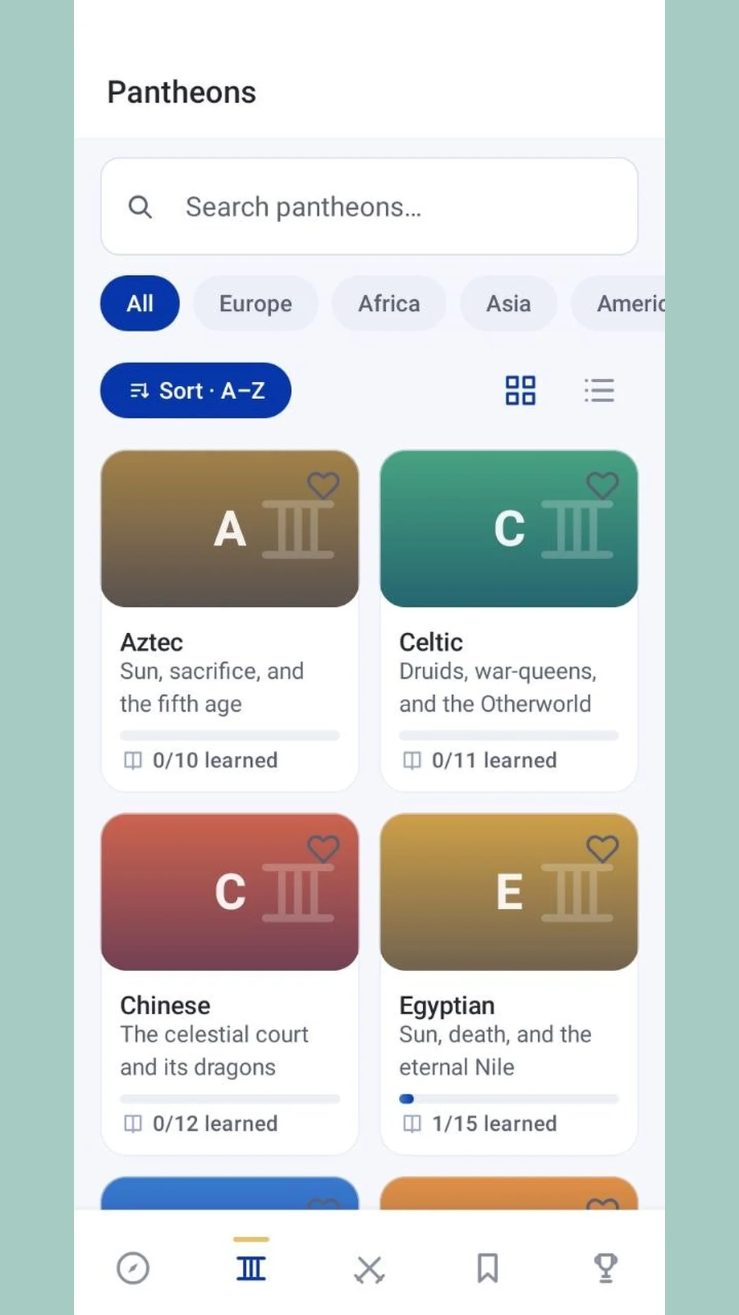 Pantheons grid showing Aztec, Celtic, Chinese and Egyptian cultures