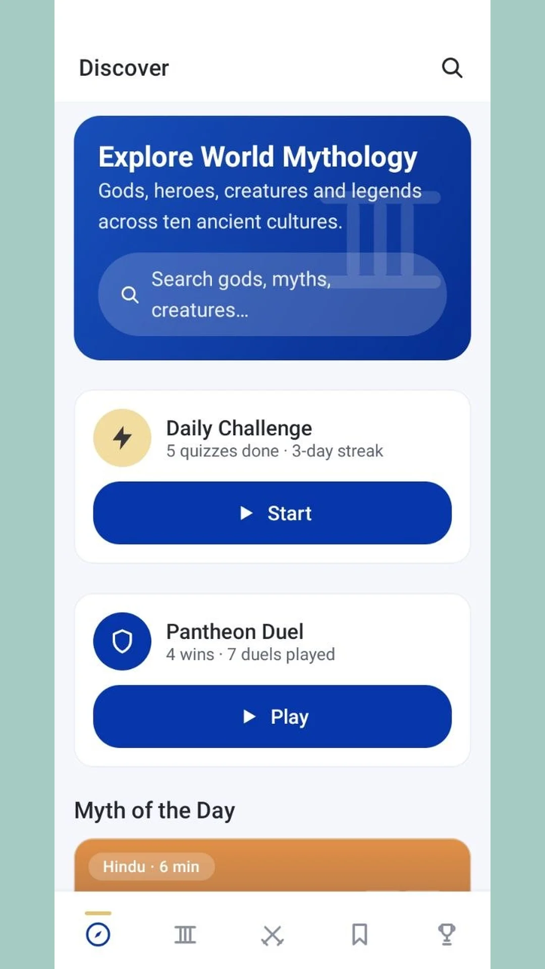 Gates of Olympus Discover screen with Daily Challenge, Pantheon Duel and Myth of the Day