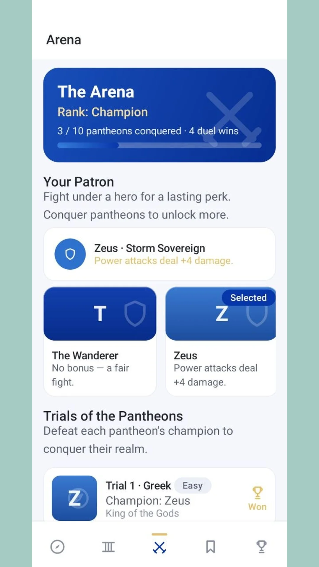 Arena screen showing rank Champion, patron selection and Trials of the Pantheons